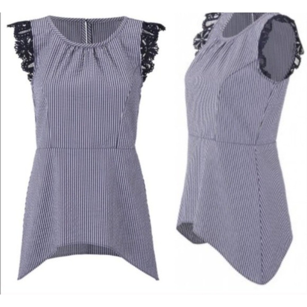 CAbi New NWT Lace Flutter Top Size L Blue White Seersucker Was $92